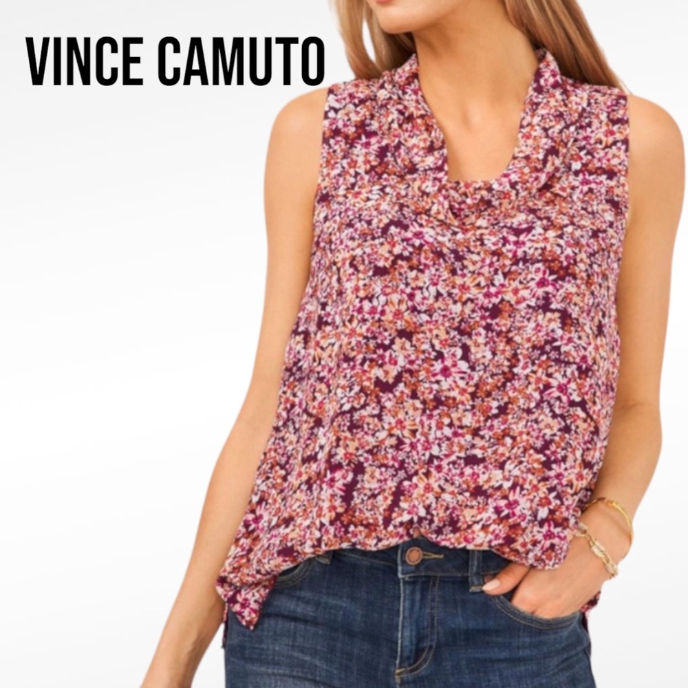 Vince Camuto Pink Floral Sleeveless Cowl Neck Tank